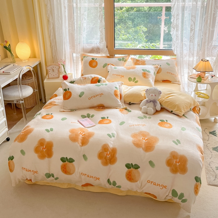 91家纺网 家纺一手货源 找家纺 慕澄家纺 2023新款小清新牛奶绒印花四件套 橙意满满