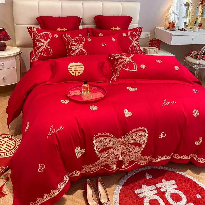 91家纺网 家纺一手货源 找家纺 欧乐蒂 2025新款亲肤棉刺绣婚庆四件套 一见倾心