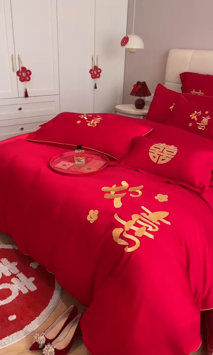 91家纺网 家纺一手货源 找家纺 欧乐蒂 2025新款亲肤棉刺绣婚庆四件套 欢喜