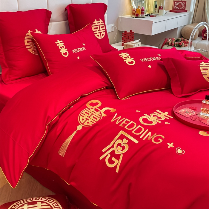 91家纺网 家纺一手货源 找家纺 欧乐蒂 2025新款亲肤棉刺绣婚庆四件套 喜愿