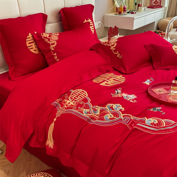 91家纺网 家纺一手货源 找家纺 欧乐蒂 2025新款亲肤棉刺绣婚庆四件套 百子呈祥