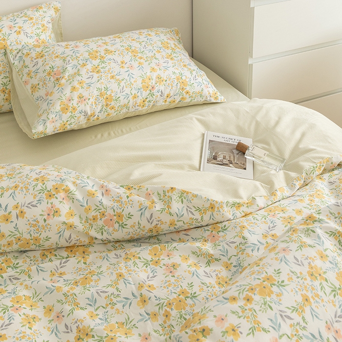 91家纺网 家纺一手货源 找家纺 绫韵家纺 13372ins风全棉斜纹纯棉小清新床上四件套三件套 多姿多彩黄