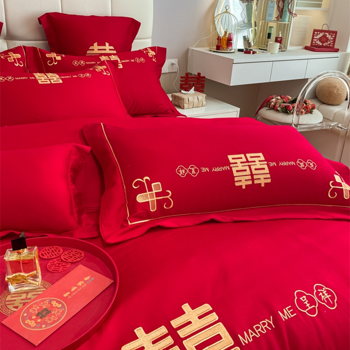 91家纺网 家纺一手货源 找家纺 欧乐蒂 2025新款亲肤棉刺绣婚庆四件套 龙凤呈祥