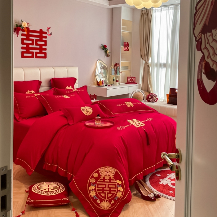 91家纺网 家纺一手货源 找家纺 欧乐蒂 2025新款亲肤棉刺绣婚庆四件套 早生贵子