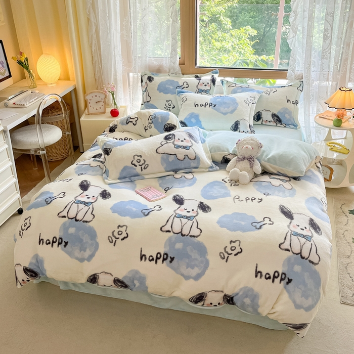 91家纺网 家纺一手货源 找家纺 慕澄家纺 2023新款小清新牛奶绒印花四件套 趣味狗