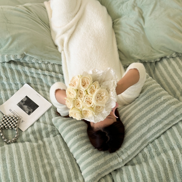 91家纺网 家纺一手货源 找家纺 玛奇朵 2023新款秋冬新品色织泰兔绒系列四件套 泰兔绒-条纹绿