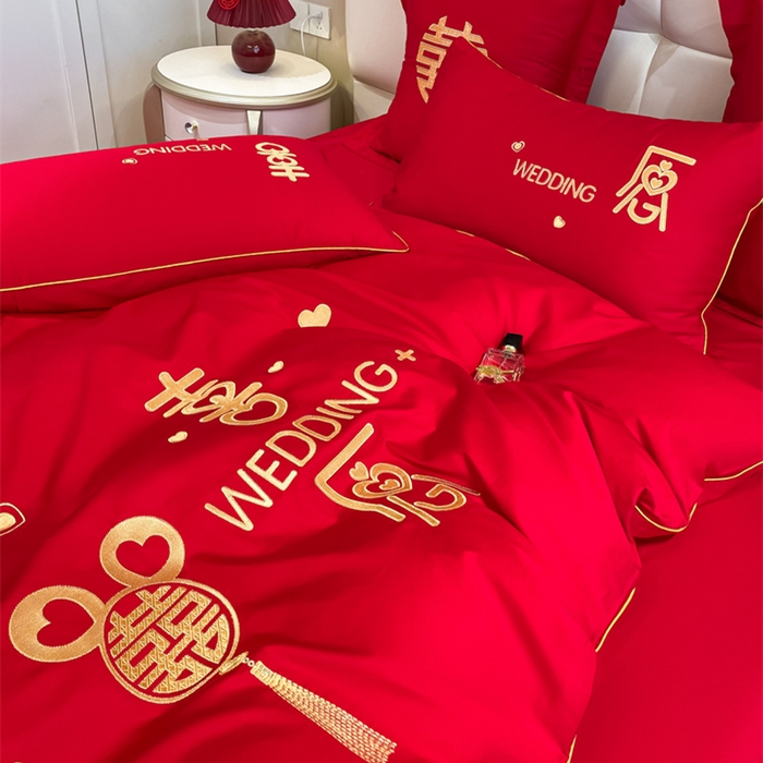 91家纺网 家纺一手货源 找家纺 欧乐蒂 2025新款亲肤棉刺绣婚庆四件套 喜愿