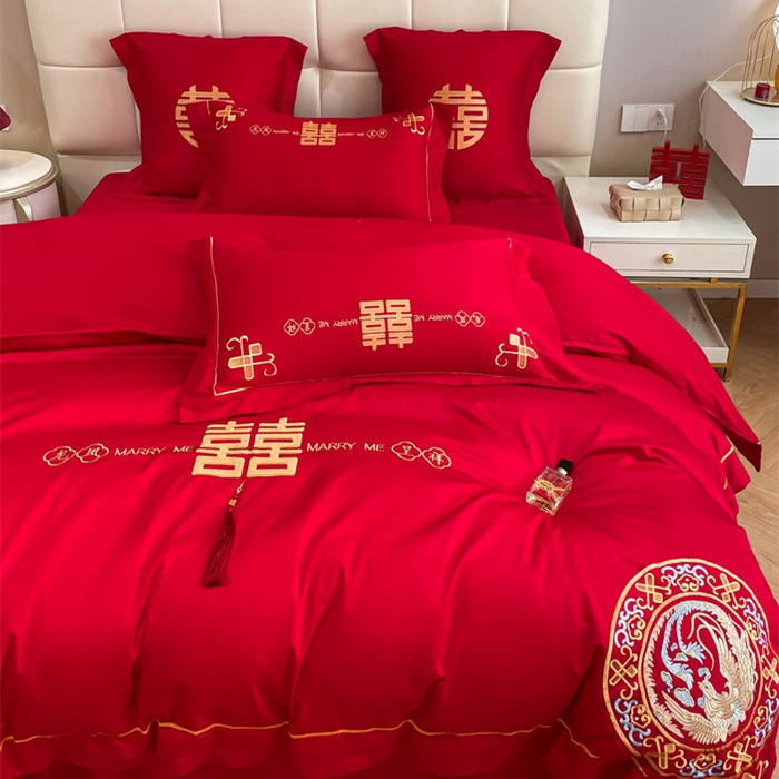 91家纺网 家纺一手货源 找家纺 欧乐蒂 2025新款亲肤棉刺绣婚庆四件套 龙凤呈祥