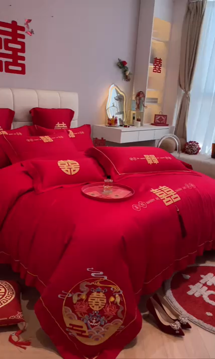 91家纺网 家纺一手货源 找家纺 欧乐蒂 2025新款亲肤棉刺绣婚庆四件套 喜结良缘