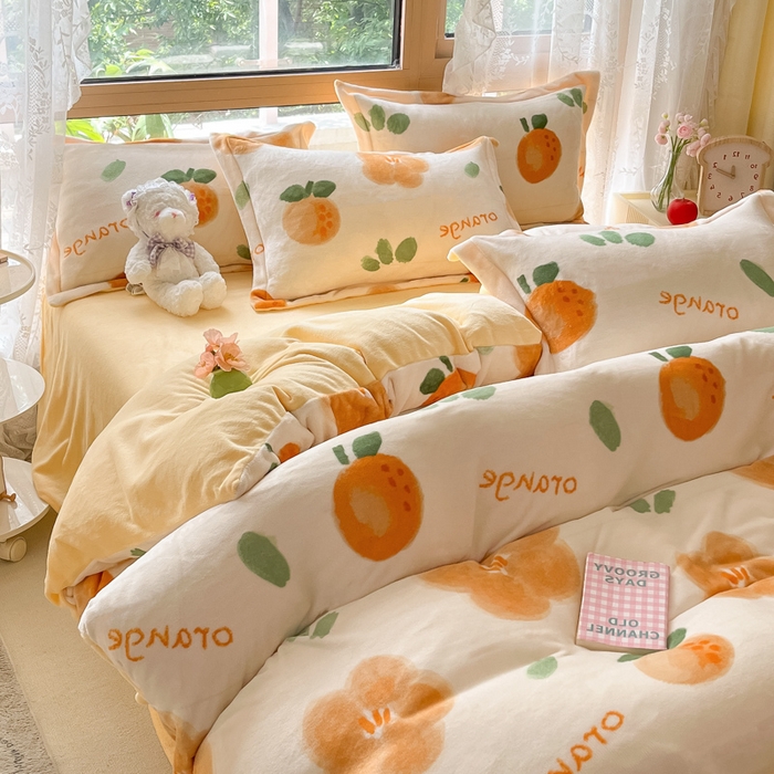 91家纺网 家纺一手货源 找家纺 慕澄家纺 2023新款小清新牛奶绒印花四件套 橙意满满