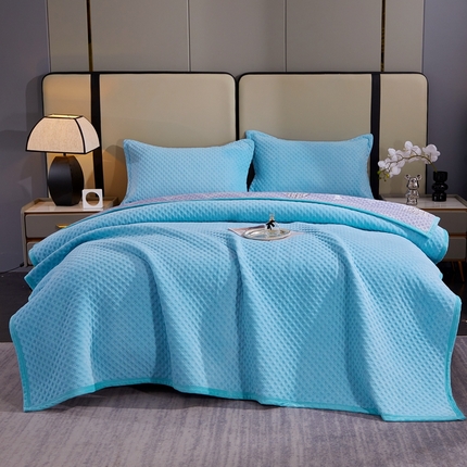 晶缦家纺 2023新款华夫格牛奶绒床盖三件套 华夫格-天蓝
