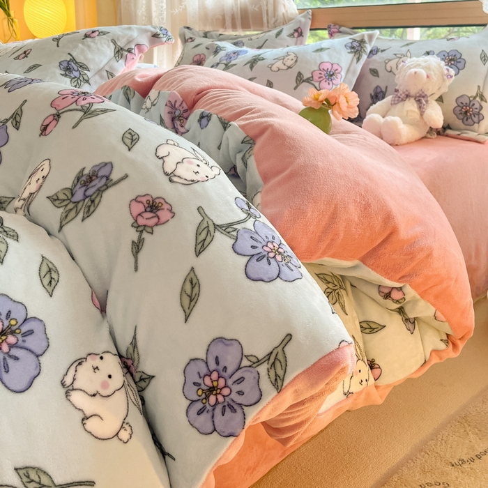 91家纺网 家纺一手货源 找家纺 慕澄家纺 2023新款小清新牛奶绒印花四件套 花韵