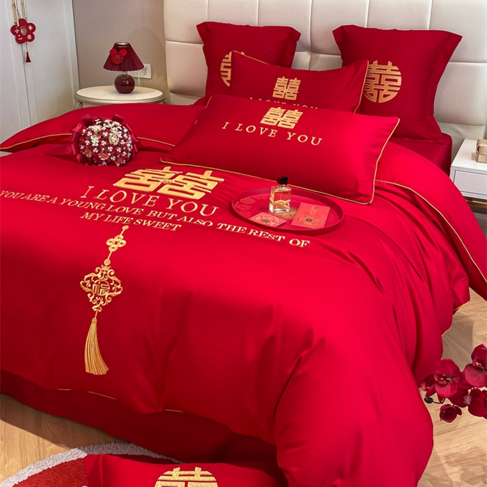 91家纺网 家纺一手货源 找家纺 欧乐蒂 2025新款亲肤棉刺绣婚庆四件套 今生今世