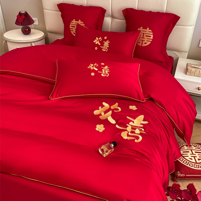 91家纺网 家纺一手货源 找家纺 欧乐蒂 2025新款亲肤棉刺绣婚庆四件套 欢喜