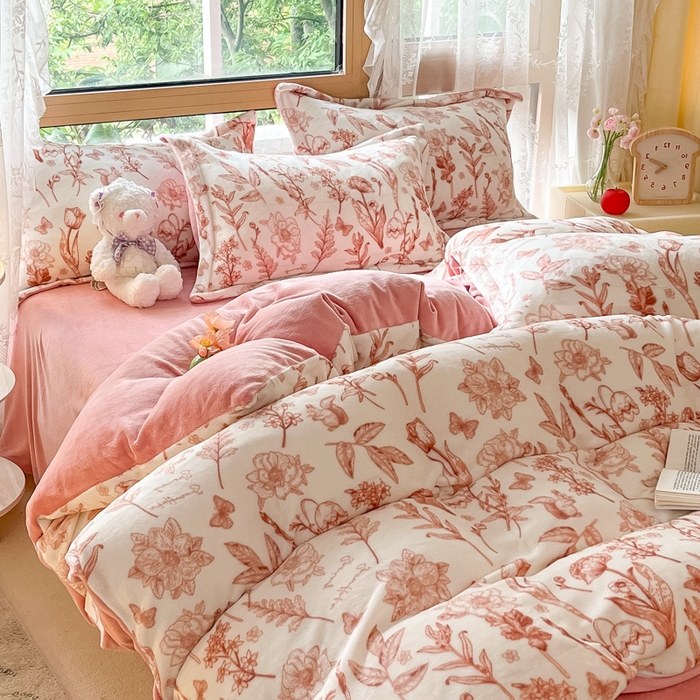 91家纺网 家纺一手货源 找家纺 慕澄家纺 2023新款小清新牛奶绒印花四件套 素锦