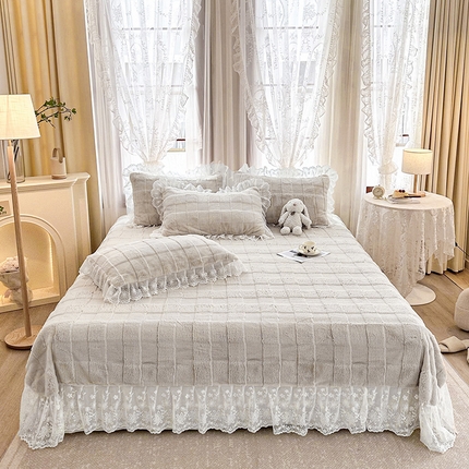 宜凡家纺 2023新款宜凡-高克重兔绒牛奶绒床盖三件套 0方格纹-时尚灰