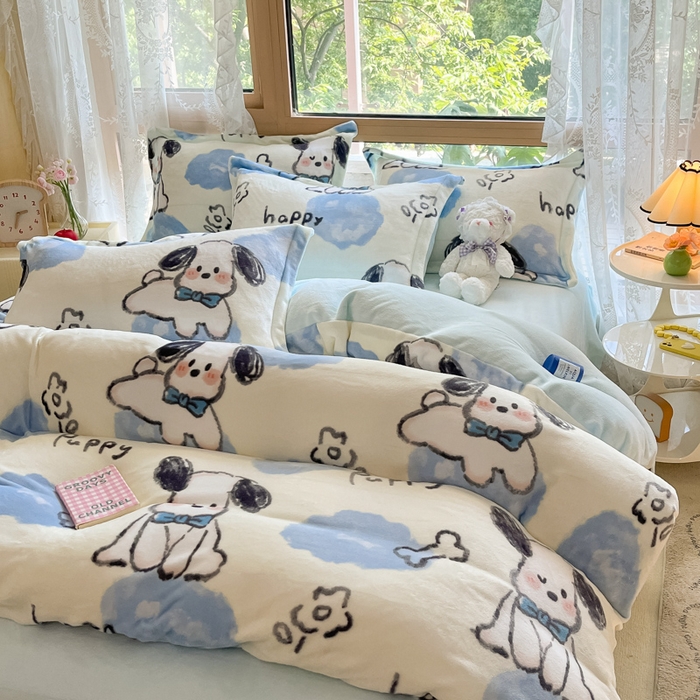 91家纺网 家纺一手货源 找家纺 慕澄家纺 2023新款小清新牛奶绒印花四件套 趣味狗