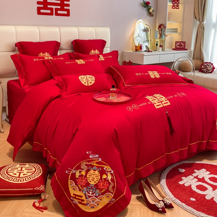 91家纺网 家纺一手货源 找家纺 欧乐蒂 2025新款亲肤棉刺绣婚庆四件套 喜结良缘