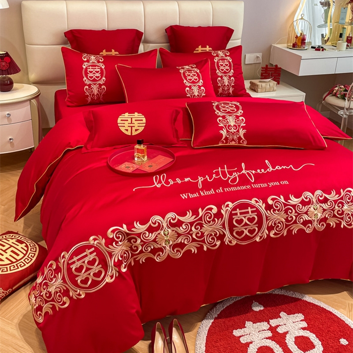 91家纺网 家纺一手货源 找家纺 欧乐蒂 2025新款亲肤棉刺绣婚庆四件套 喜结连理