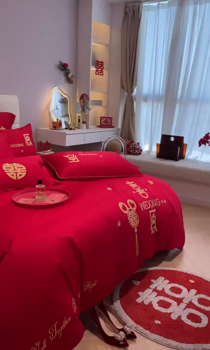 91家纺网 家纺一手货源 找家纺 欧乐蒂 2025新款亲肤棉刺绣婚庆四件套 喜愿