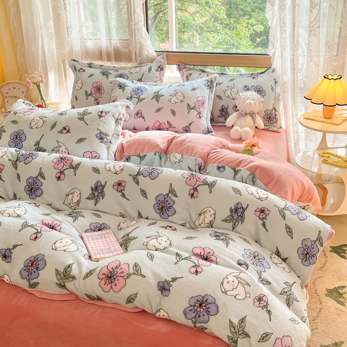 91家纺网 家纺一手货源 找家纺 慕澄家纺 2023新款小清新牛奶绒印花四件套 花韵