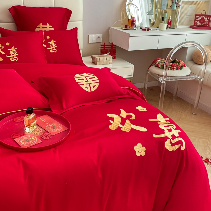 91家纺网 家纺一手货源 找家纺 欧乐蒂 2025新款亲肤棉刺绣婚庆四件套 欢喜