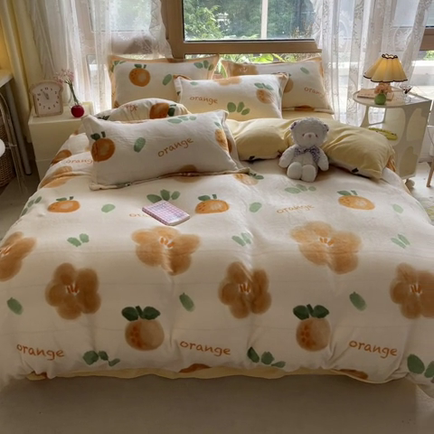 91家纺网 家纺一手货源 找家纺 慕澄家纺 2023新款小清新牛奶绒印花四件套 橙意满满