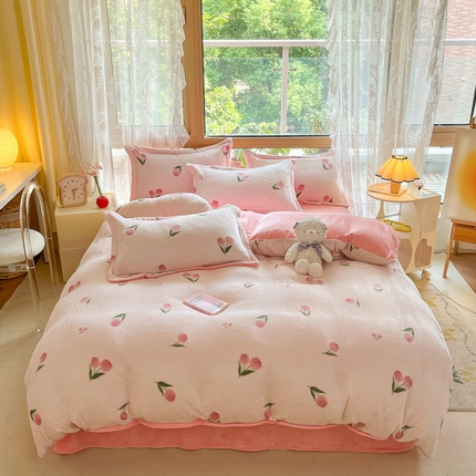 慕澄家纺 2023新款小清新牛奶绒印花四件套 粉小花