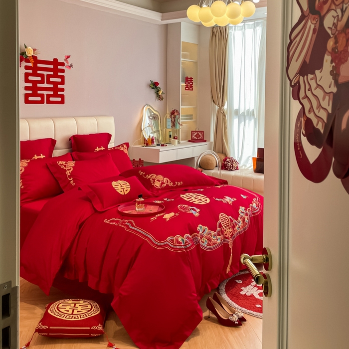 91家纺网 家纺一手货源 找家纺 欧乐蒂 2025新款亲肤棉刺绣婚庆四件套 百子呈祥