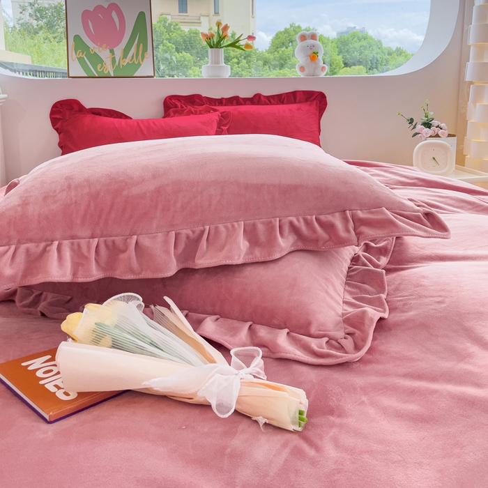 91家纺网 家纺一手货源 找家纺 （总）2024直播爆款韩版纯色花边牛奶绒婴儿绒床裙四件套 花香