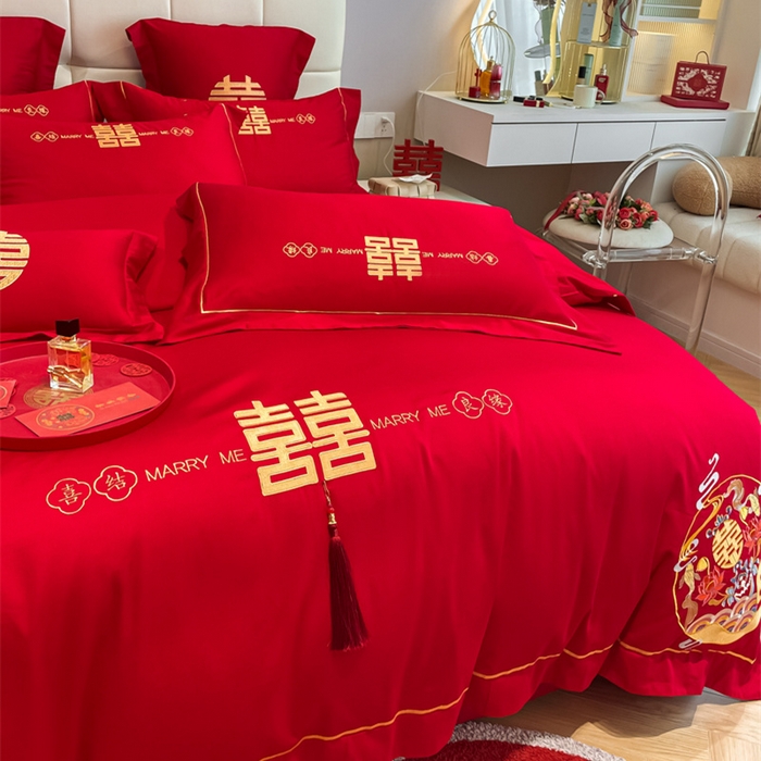 91家纺网 家纺一手货源 找家纺 欧乐蒂 2025新款亲肤棉刺绣婚庆四件套 喜结良缘