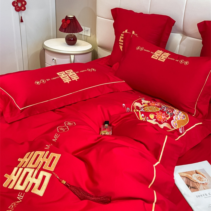 91家纺网 家纺一手货源 找家纺 欧乐蒂 2025新款亲肤棉刺绣婚庆四件套 喜结良缘