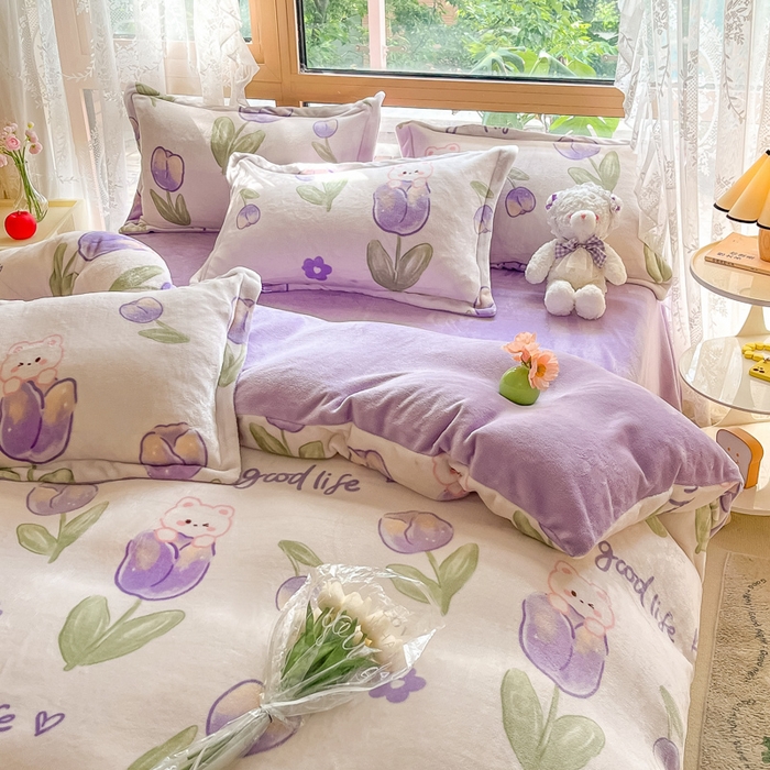 91家纺网 家纺一手货源 找家纺 慕澄家纺 2023新款小清新牛奶绒印花四件套 郁金香兔兔