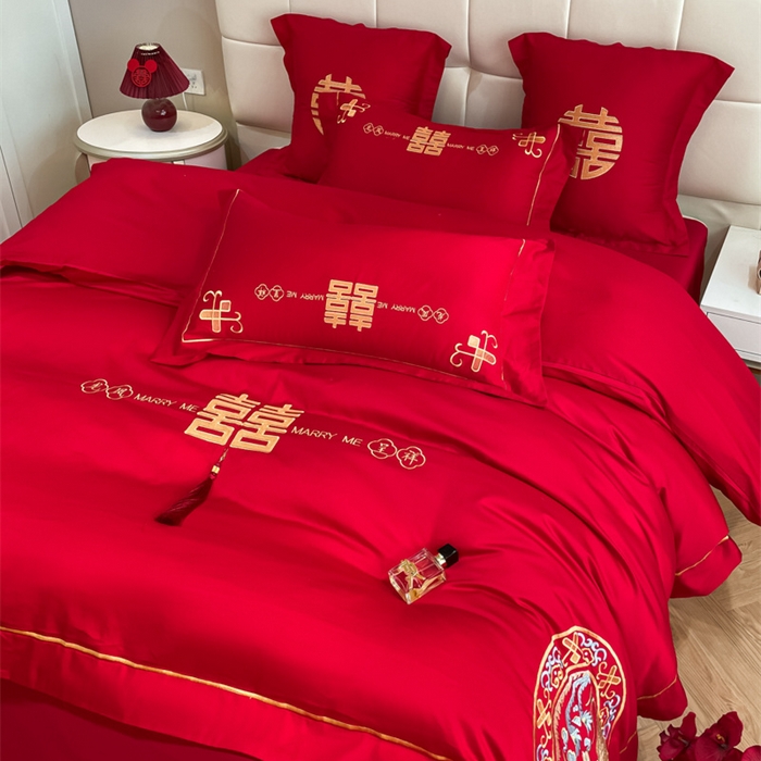 91家纺网 家纺一手货源 找家纺 欧乐蒂 2025新款亲肤棉刺绣婚庆四件套 龙凤呈祥