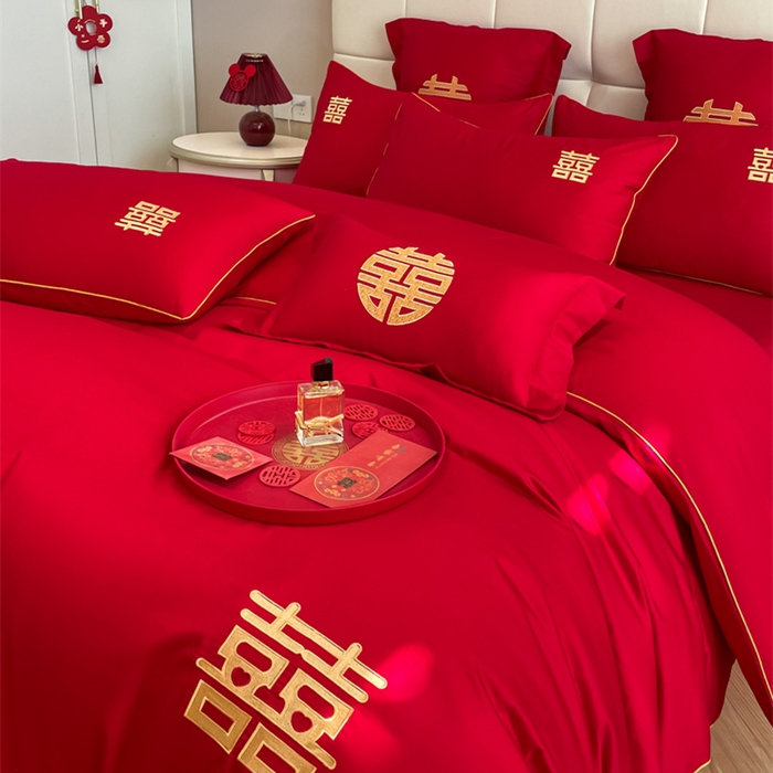 91家纺网 家纺一手货源 找家纺 欧乐蒂 2025新款亲肤棉刺绣婚庆四件套 双喜