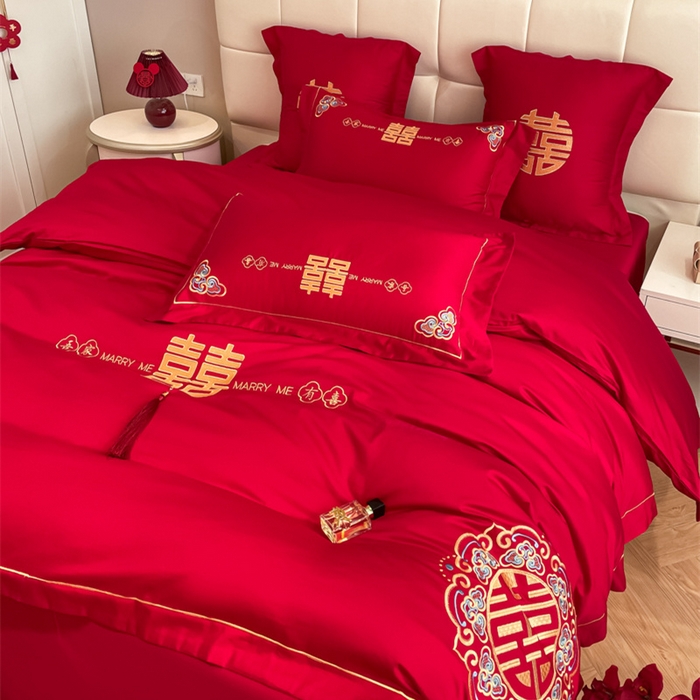 91家纺网 家纺一手货源 找家纺 欧乐蒂 2025新款亲肤棉刺绣婚庆四件套 吾家有喜