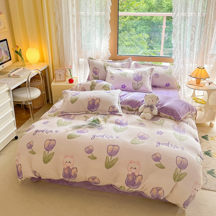 91家纺网 家纺一手货源 找家纺 慕澄家纺 2023新款小清新牛奶绒印花四件套 郁金香兔兔