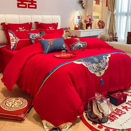 91家纺网 家纺一手货源 找家纺 （总）玉雅家纺 2025新款长绒棉牛仔国潮凤刺绣婚庆四件套