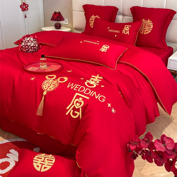 91家纺网 家纺一手货源 找家纺 欧乐蒂 2025新款亲肤棉刺绣婚庆四件套 喜愿