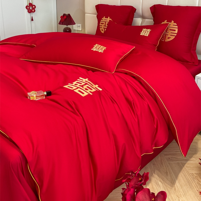 91家纺网 家纺一手货源 找家纺 欧乐蒂 2025新款亲肤棉刺绣婚庆四件套 双喜