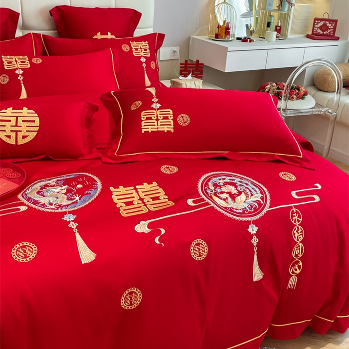 91家纺网 家纺一手货源 找家纺 欧乐蒂 2025新款亲肤棉刺绣婚庆四件套 龙凤情缘