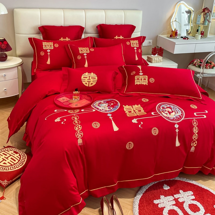 91家纺网 家纺一手货源 找家纺 欧乐蒂 2025新款亲肤棉刺绣婚庆四件套 龙凤情缘