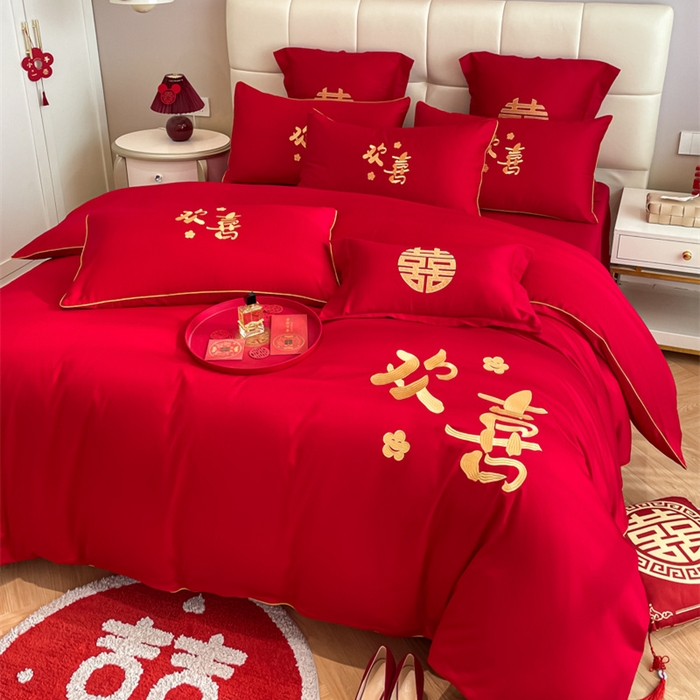 91家纺网 家纺一手货源 找家纺 欧乐蒂 2025新款亲肤棉刺绣婚庆四件套 欢喜