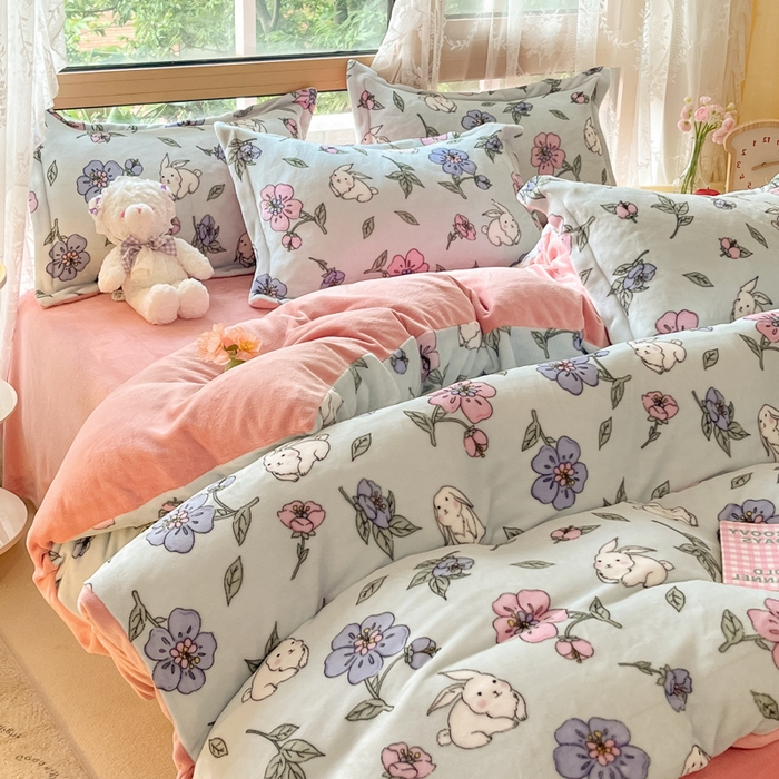 91家纺网 家纺一手货源 找家纺 慕澄家纺 2023新款小清新牛奶绒印花四件套 花韵