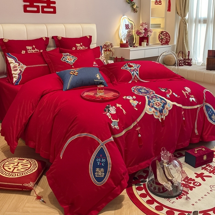 91家纺网 家纺一手货源 找家纺 玉雅家纺 2025新款长绒棉牛仔国潮凤刺绣婚庆四件套 琴瑟乐百年