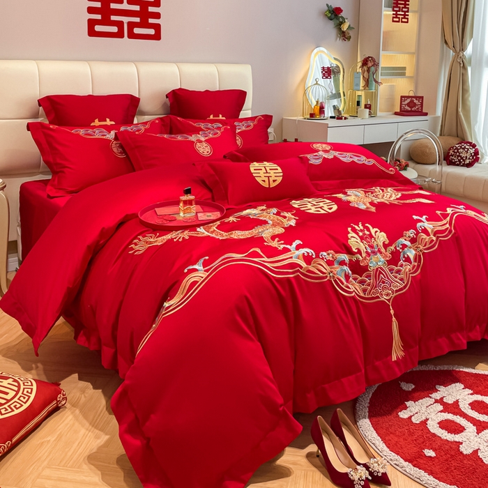 91家纺网 家纺一手货源 找家纺 欧乐蒂 2025新款亲肤棉刺绣婚庆四件套 龙凤祥瑞