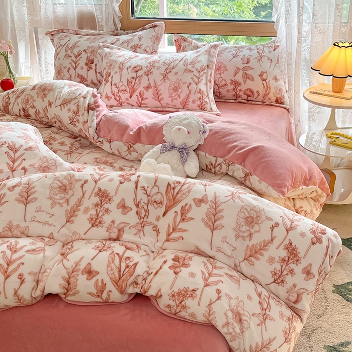 91家纺网 家纺一手货源 找家纺 慕澄家纺 2023新款小清新牛奶绒印花四件套 素锦