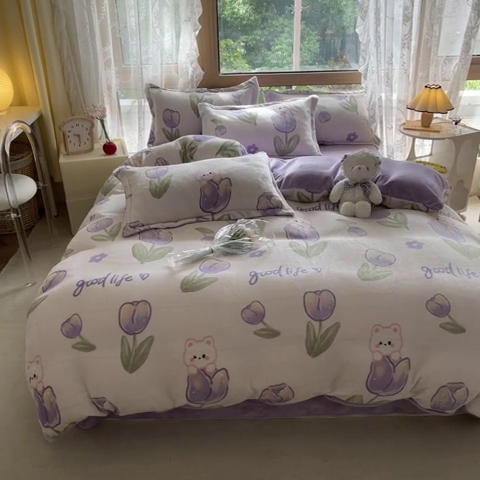 91家纺网 家纺一手货源 找家纺 慕澄家纺 2023新款小清新牛奶绒印花四件套 郁金香兔兔