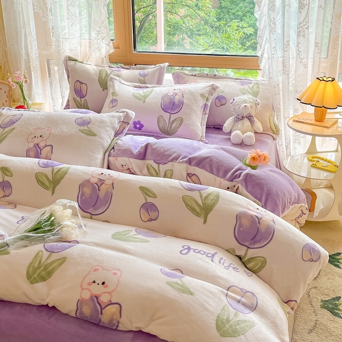 91家纺网 家纺一手货源 找家纺 慕澄家纺 2023新款小清新牛奶绒印花四件套 郁金香兔兔