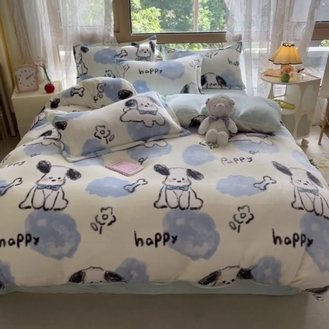 91家纺网 家纺一手货源 找家纺 慕澄家纺 2023新款小清新牛奶绒印花四件套 趣味狗